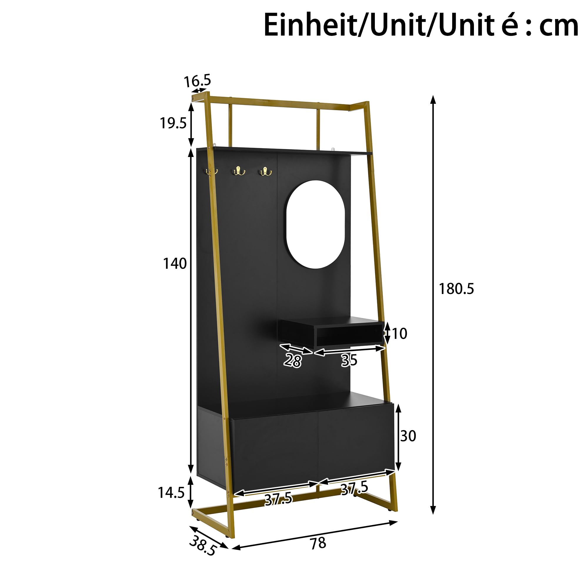 Moderno guardaroba compatto 80 x 180 cm, armadio aperto con specchio, gancio in metallo, con scarpiera, appendiabiti, nero