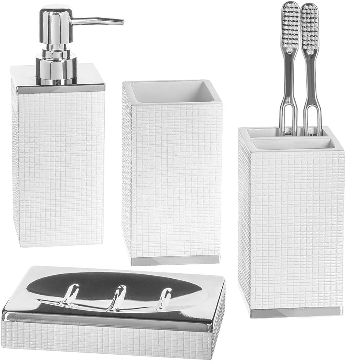 Estella White Bathroom Accessories Set - 4 Piece Bathroom Set with Silver Base - Decorative Bathroom Accessory Set Includes: Soap Dispenser, Toothbrush Holder, Soap Dish and Tumbler
