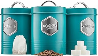 Cooks Professional 3 Piece Storage Canister Set | Labelled Containers for Tea Coffee Sugar | Canisters Sets for Kitchen Accessories & Essentials | Teal & Silver