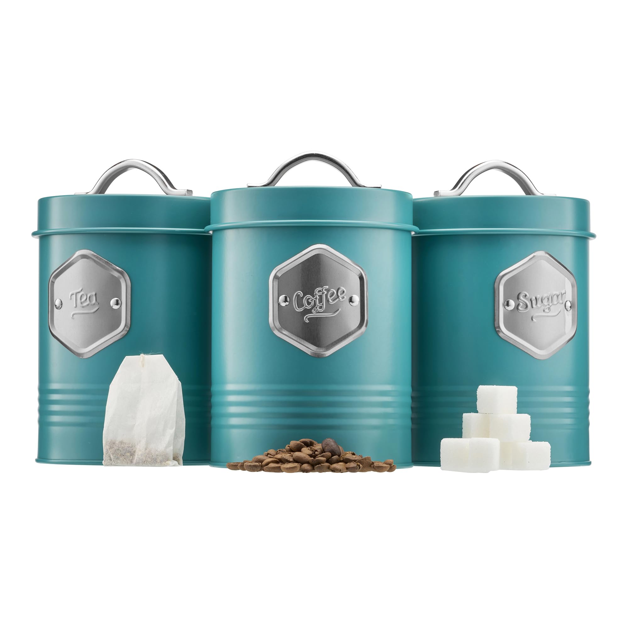 Cooks Professional 3 Piece Tea Coffee Sugar Cannister Set | Labelled Storage Tins | Containers with Airtight Lids | Canisters for Kitchen Accessories & Essentials | Teal & Silver