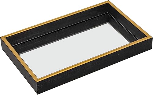 MAONAME Bandeja decorativa negra, bandeja de plástico para tocador, bandeja rectangular de espejo de cristal, bandeja organizadora estrecha para
