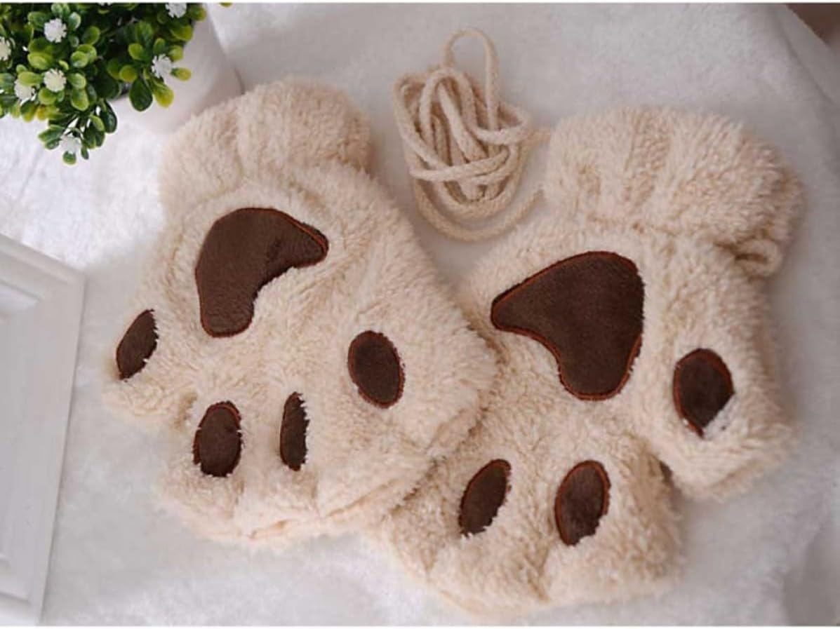 Garneck Beige Plush Fingerless Gloves with Cat Claw Dog Paw Design