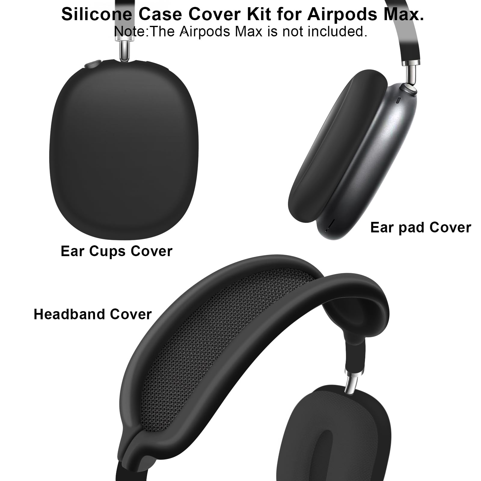 Ainiv Silikonowe etui ochronne na słuchawki Airpods Max (zestaw 3-częściowy) - (opaska + osłona + nauszniki) - czarne | Nakładka na uszy i opaska na głowę