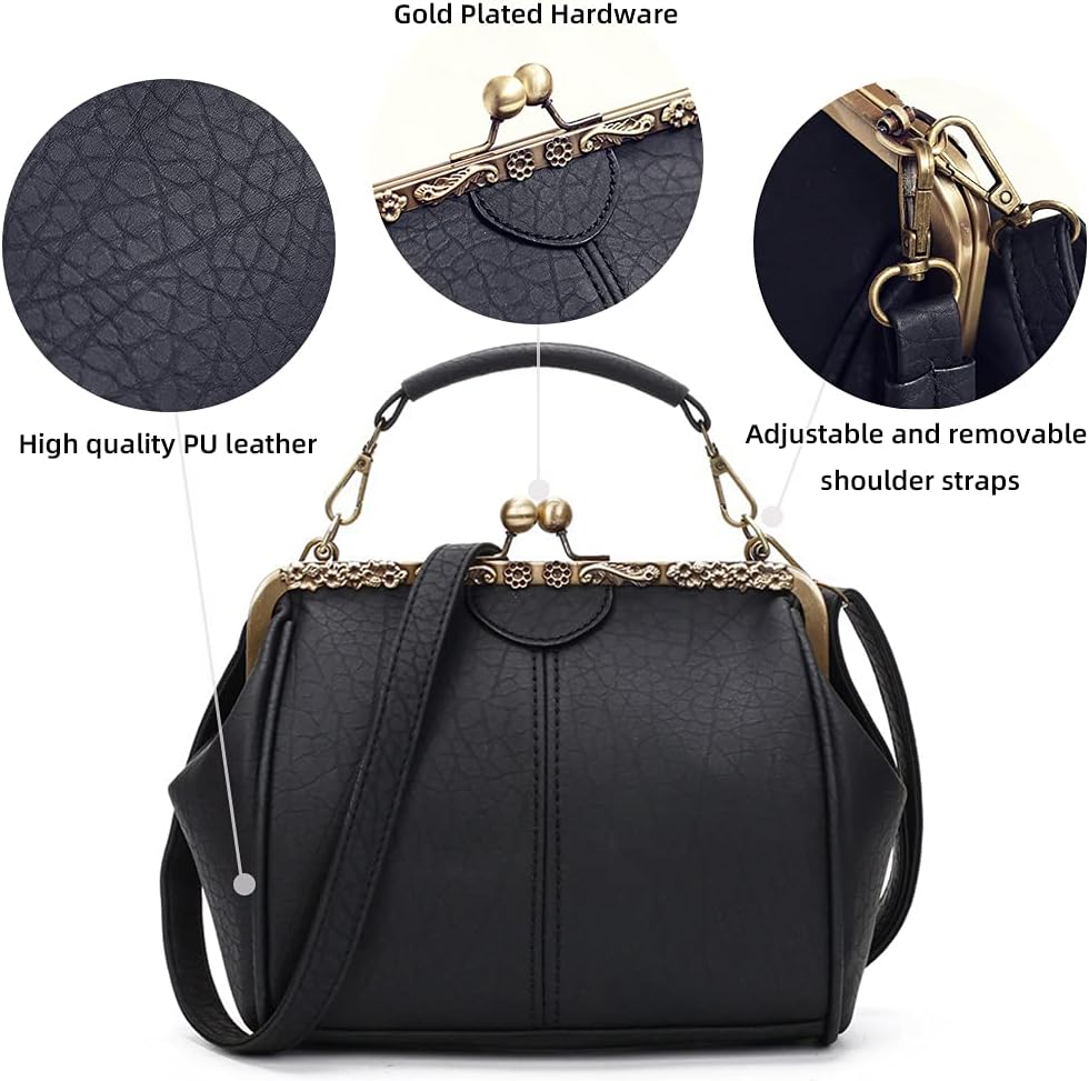 ROUROU Retro Hollow Handbag for Women - Leather Shoulder Bag Evening Clutch Crossbody Purse with Kiss Lock Closure - Image 5