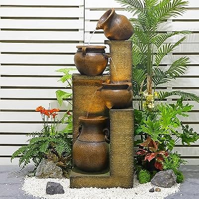 Bumilgar 53" H Outdoor Garden Water Fountain for Garden, Patio, Backyard, Deck, Porch and Home Art Decor, 4 Tiers Cascading Large Outdoor Fountain with Lights,Gold