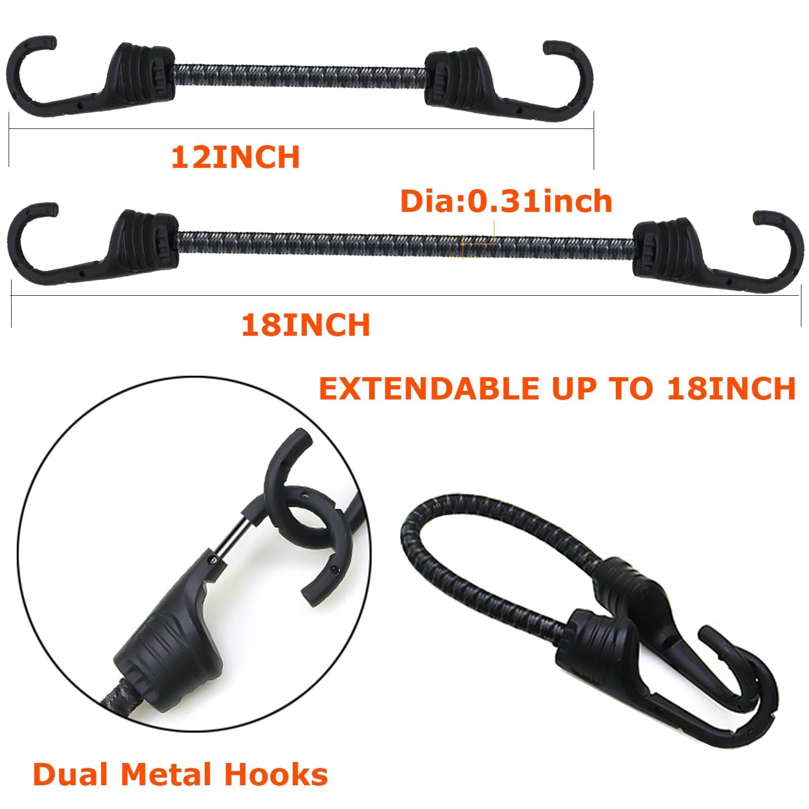 Cordones elásticos con ganchos de metal duales, cuerdas elásticas resistentes de 12 pulgadas para exteriores, cuerda elástica fuerte de 1/3 pulgadas para asegurar equipaje, camping, lonas,