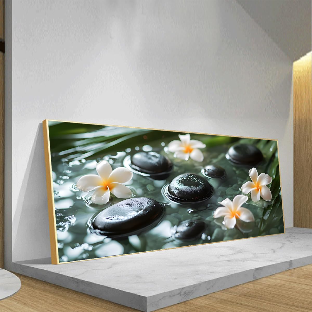 Via Vela Zen kamienie i kwiaty płótno sztuka ścienna nowoczesny styl spa grafika wydruki relaks natura mural do salonu sypialnia wystrój biura 40x101cm ze złotą ramką
