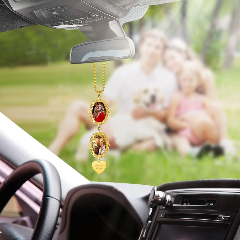 Custom4U Personalized Picture Car Charms for Rear View Mirror Custom Car Ornament Accessories Car Mirror Suspension Decoration Silver/Gold/Black Pendant Customized (Gift Box)