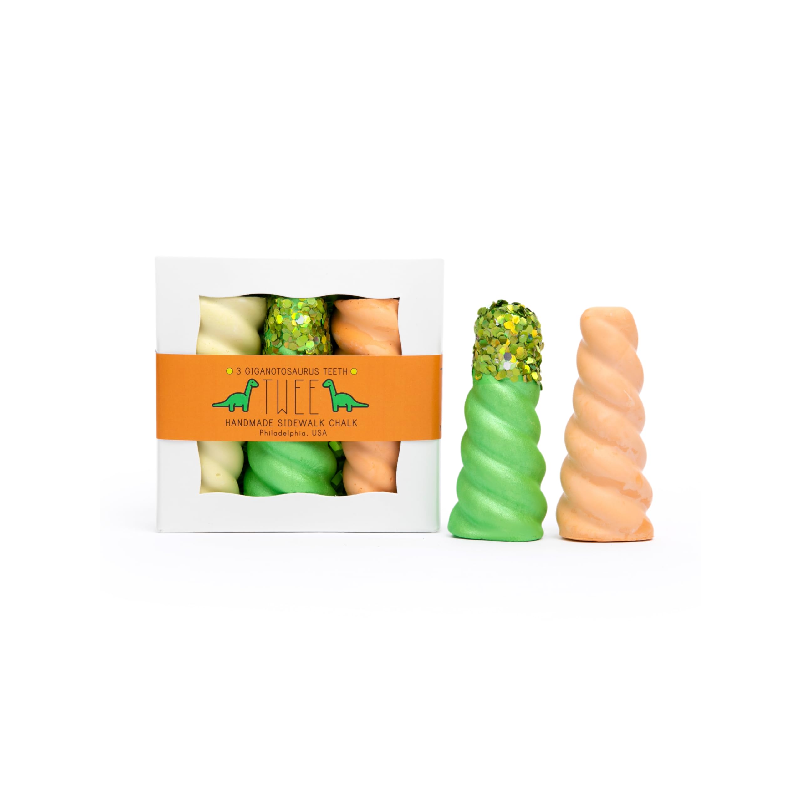TWEE Giganotosaurus Dinosaur Teeth Handmade Sidewalk Chalk | Yellow, Green, Orange | Made in the USA | Classic Children's Present | Fun Special Party Gift Idea | Arts and Crafts For Kids + Toddlers | Easter Basket Activities | Outside Playground Drawing | Boy Girl