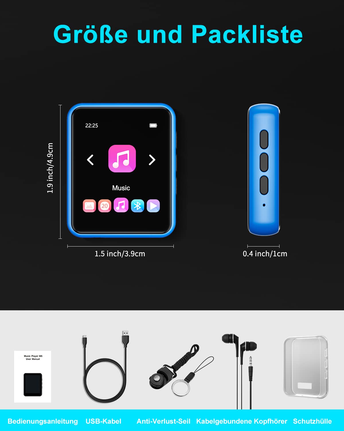 32GB MP3 Player Bluetooth 5.0 mit Voller Touchscreen, Verlustfreier HiFi-Musikplayer mit Metallgehäuse, mit UKW-Radio, Lautsprecher, Line-in Aufnahme, Unterstützung bis zu 128 GB