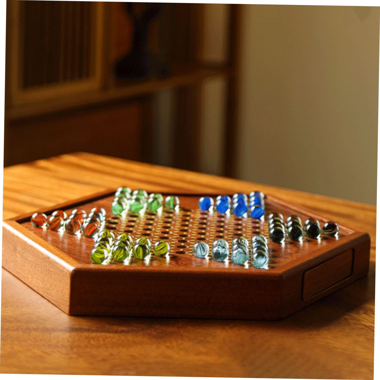 IMIKEYA Jeu de Dames Chinoises Bois avec Billes de Verre Jeu de Plateau pour Garçon Fille à Joueurs Divertissement Familial