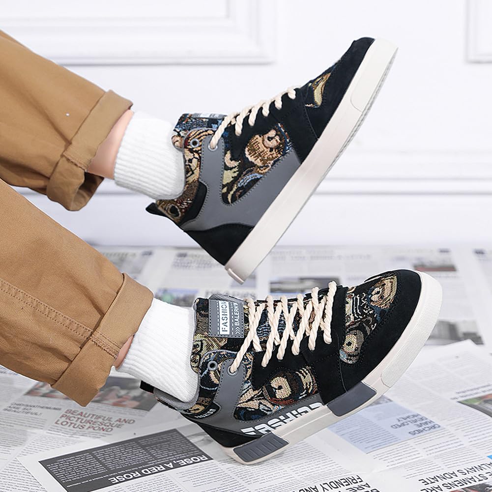 Men's Fashion High Top Chinese Style Skate Sneakers Stylish Comfortable Skateboarding Road Running Walking Shoes: 12.5 Black Grey