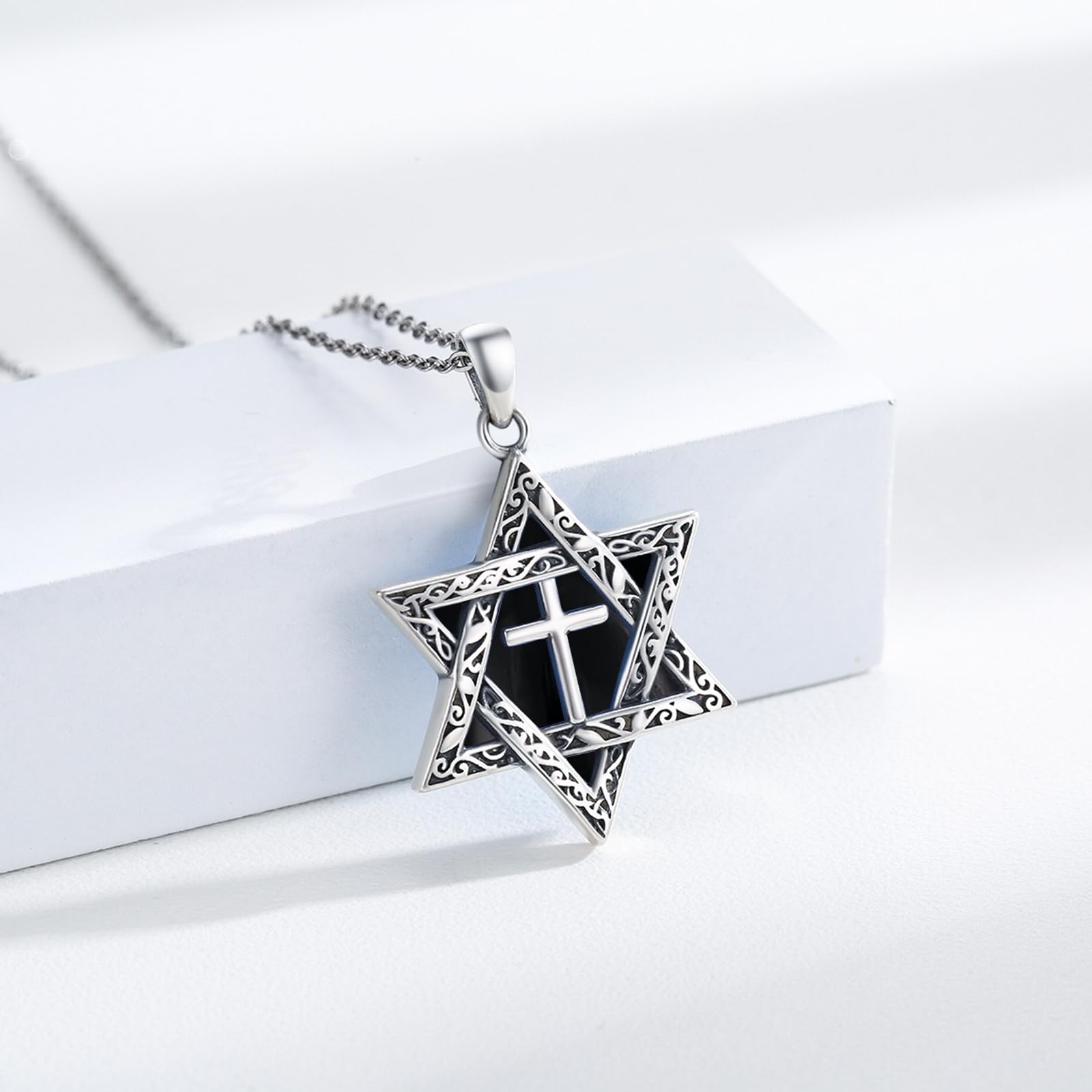Onice - Collana con stella di David, in argento Sterling 925, a forma di stella di David, con ciondolo a forma di croce e onice, ideale per uomini e donne, misura unica, Argento sterling, Onice