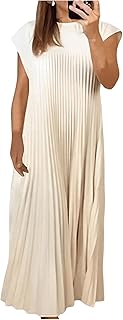 Women's Flowy Pleated Long Dresses Casual Short Sleeve Crew Neck Summer Church Loose Swing Maxi Dresses 2025 - Buy now