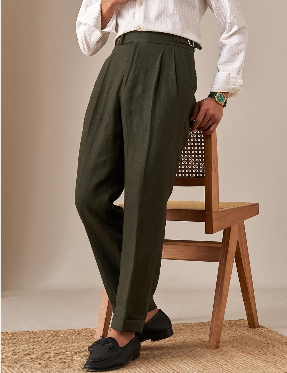 Men's Medium Linen Pants Casual High Waist Adjustable Pants Summer Beach Lightweight Pants Italian Style