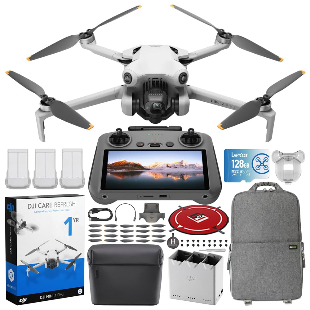 DJI Mini 4 Pro Folding Drone with RC 2 Remote (With Screen) Fly More Combo Plus, 4K HDR, Under 249g, Omnidirectional Sensing, 3 Plus Batteries Bundle with 1 Year DJI Care Refresh Plan & Accessories