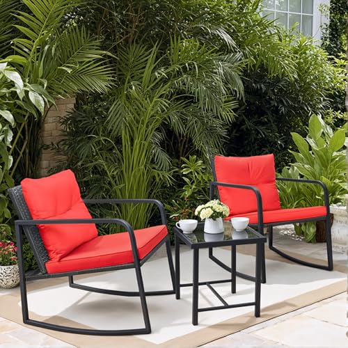 Image of Greesum 3 Pieces Rocking Wicker Bistro Set,Patio Conversation Sets,Red