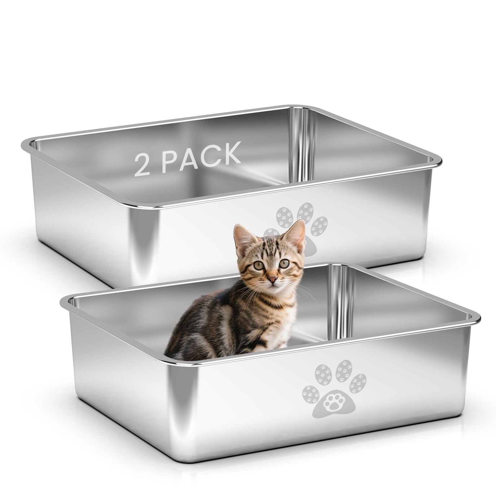 PTLOM Edelstahl Katzenklo, Große Katzentoilette aus Metall, Spritzwassergeschützt, Geruchsfrei und Antihaftbeschichtet, Katzenklo XXL, Geeignet Für Große und Kleine Katzen, Kaninchen
