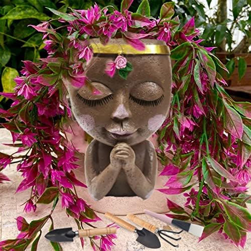 AOFEITE Girl Face Plant Pots Head Indoor/Outdoor with Drainage Holes，7in Succulent Pots Head Planter- Resin Plants Live Houseplants Flower Pots Potheads Planters with Set 4 Gardening Tools