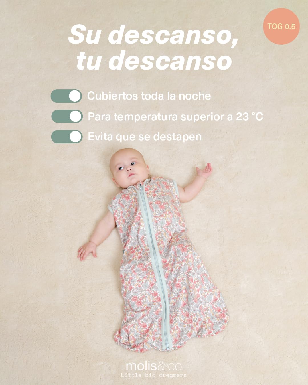 molis&co - Saco de Dormir para bebé 0.5 TOG - 95 cm (18-36 Meses) - Saco Dormir Bebe Verano sin Mangas - Saco de Dormir para Niños Niñas (Unisex) - 100% Algodón (Certificado Oeko-Tex) - Summer Bloom — view 5