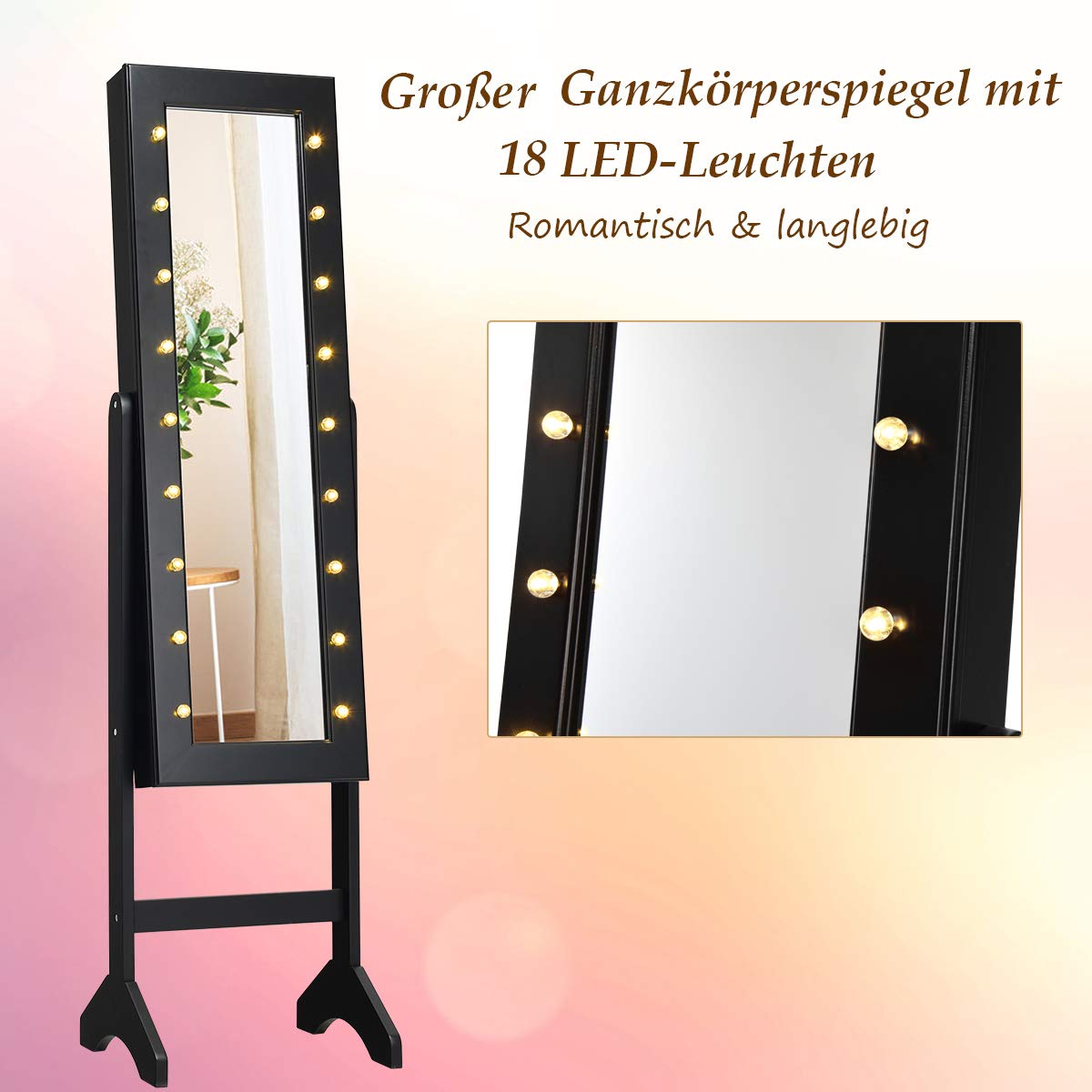 Costway Sieradenkast met wieltjes, spiegelkast, afsluitbaar met ledlampen en verstelbare planken, staande spiegel, sieradenrek, full-body-spiegel, voor kettingen, oorbellen, make-up, rustiek bruin