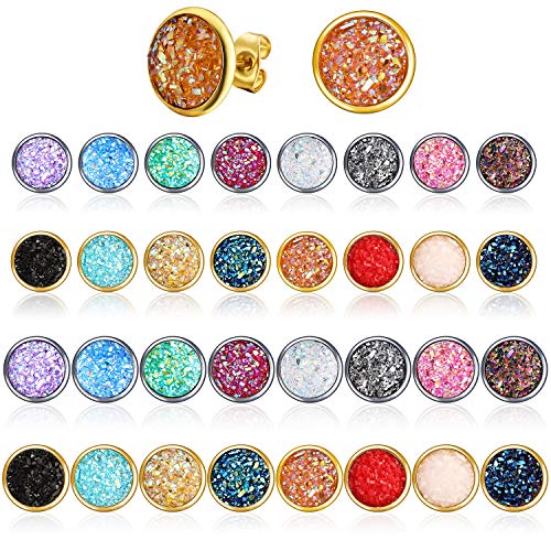 32 Pairs Druzy Stud Earrings Stainless Steel Round Stud Earrings Colorful Pierced Earrings for Women