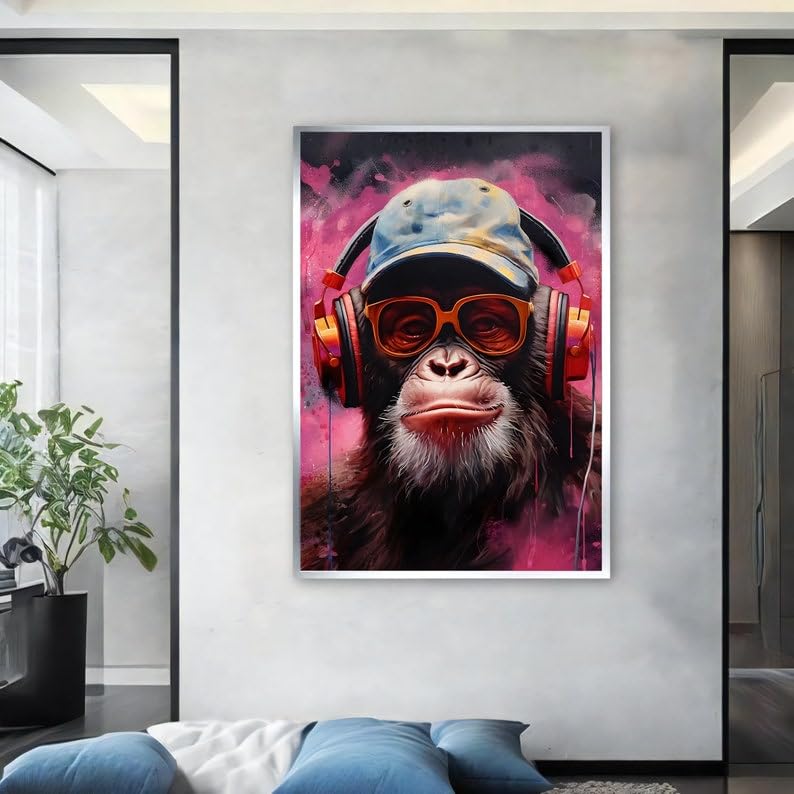 Peinture de chimpanzé toile originale de singe à lunettes rouges de 40x60cm