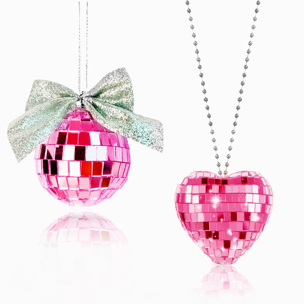 DAJOOEE2 Pack Heart Car Disco Ball Decor, Mirror Hanger - Bowknot Disco Ball Party Decor & Supplies (Pink)