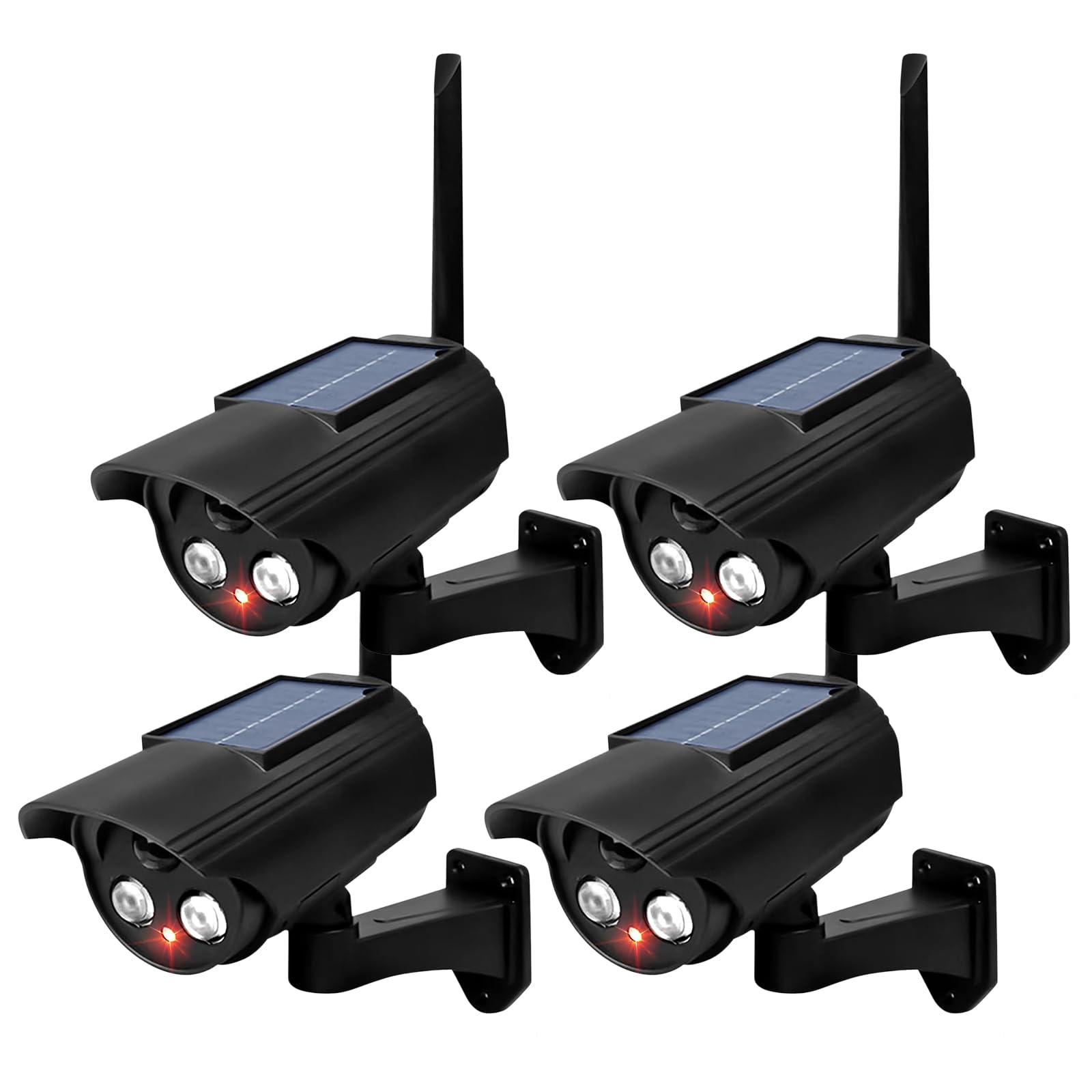 Lot de 4 caméras factices solaires factice d'extérieur avec lumière LED clignotante, factice solaire, caméra de surveillance factice pour garages, arrière-cours, portes d'entrée