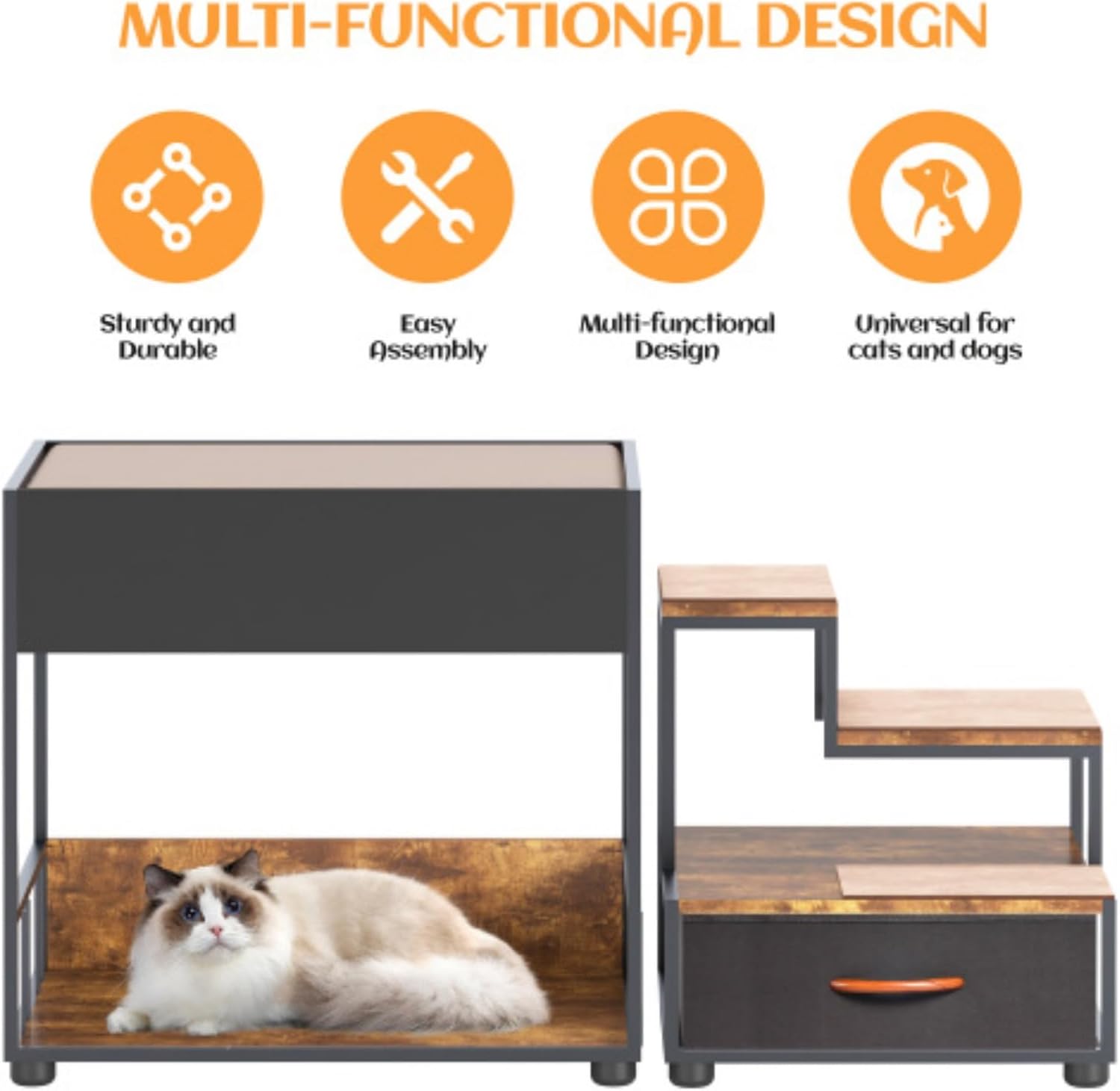 Pet Step Window Sill, Bunk Bed Window Sill, Pet Steps, Pet Stairs for Dog Bedside Lounging Area Elevated Dog Bed, Multi-Layer Platform with Sponge, Non-Slip Mat and Storage Space, Vintage