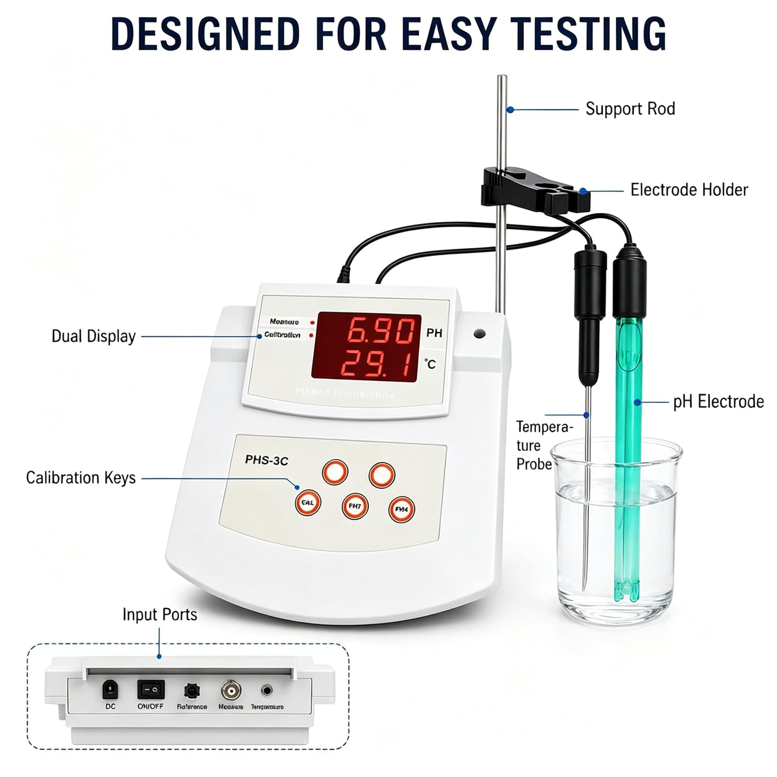 Medidor De Ph De Sobremesa para Laboratorio, Medidor De Acidez De Sobremesa con Autocalibración, Precisión De ±0,01 Ph Y 2 Electrodos De Ph/Temperatura, 0℃-50℃ ATC, con Soporte, para Medio