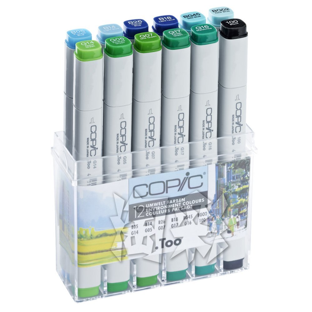 COPIC Classic Coloured Marker Pen - Set of 12 Environment, For Art & Crafts, Colouring, Graphics, Highlighter, Design, Anime, Professional & Beginners, Art Supplies & Colouring Books