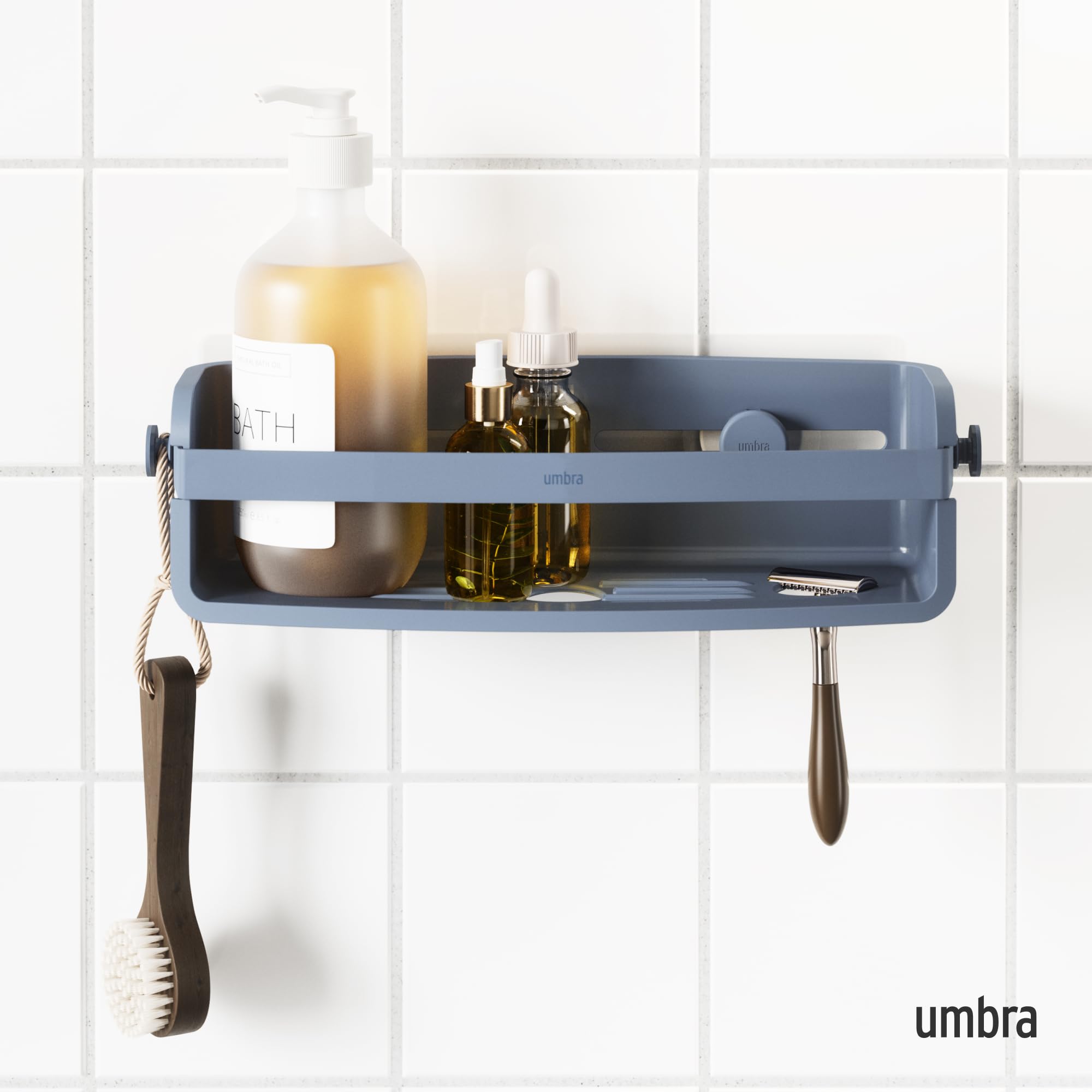 Umbra Flex półka prysznicowa do klejenia, nierdzewny regał prysznicowy na szampon, odżywkę, żel pod prysznic, mydło, gąbkę trukwową, bez wiercenia, nierdzewna, łupkowa niebieska