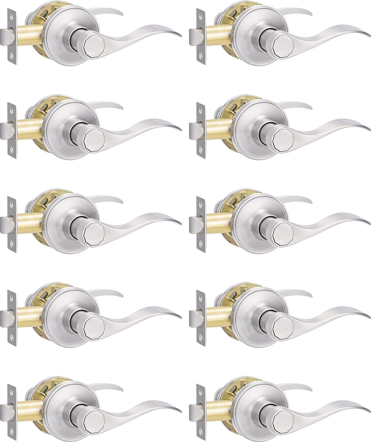 10 Pack Passage Door Handle, Brushed Nickel Reversible Door Lever Perfect for Interior Door and Closet, Traditional Wave Style Passage Door Lock