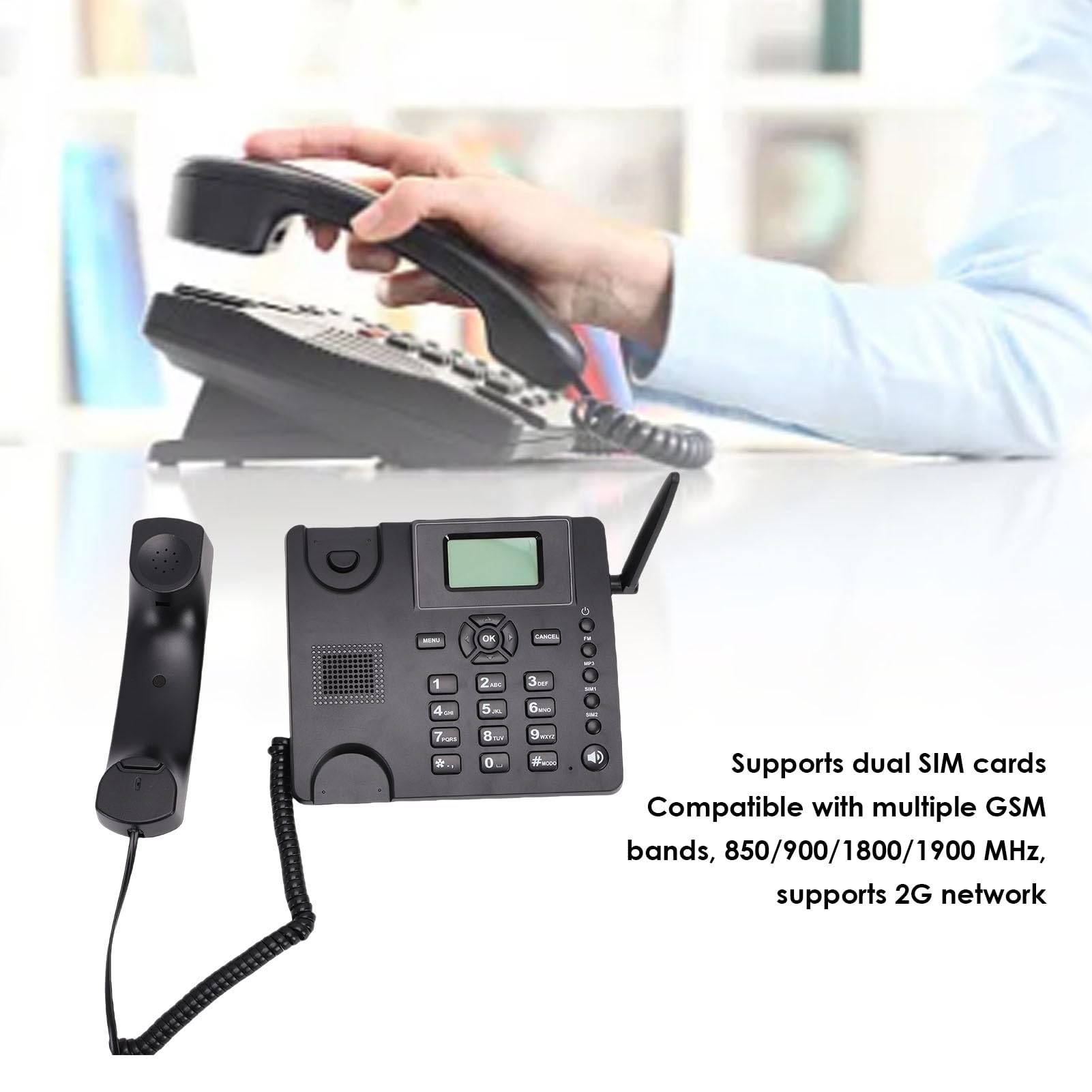 XUMIUZIY Teléfono de Escritorio Clásico Inalámbrico Cuatribanda gsm, Tarjeta SIM Dual, Soporte Red 2G, Teléfono Inalámbrico Fijo con Antena, Radio, Despertador, Manos Libres, para