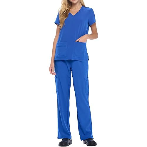Natural Uniforms Women's Cool Stretch V-Neck Top and Cargo Pant Scrub Set with Regular and Petite Sizes