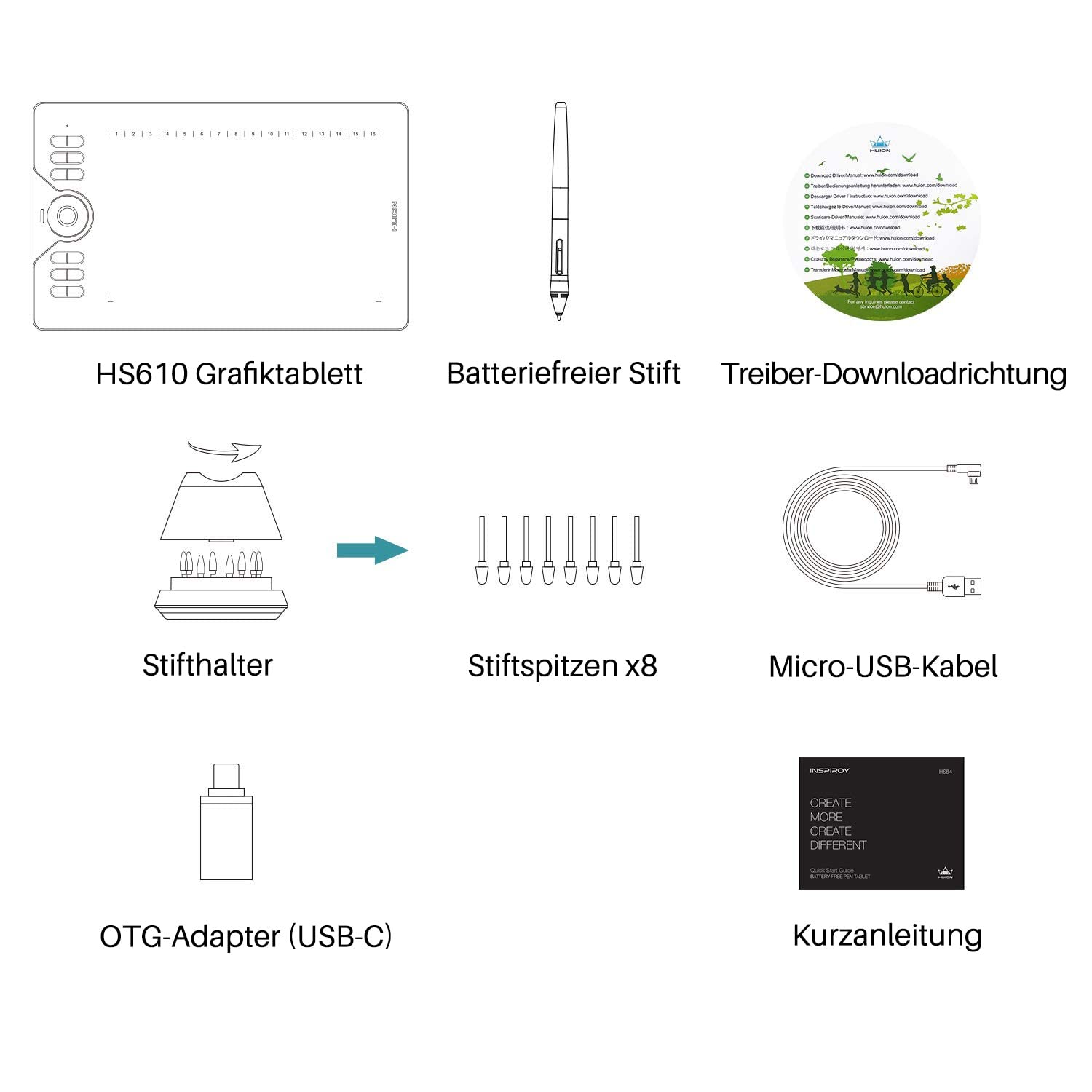 HUION HS610 Grafiktablett, 12+16 Tasten | 8192 Stufen, ±60° Neigung, 5080LPI, Für Windows Mac Android, Home-Office