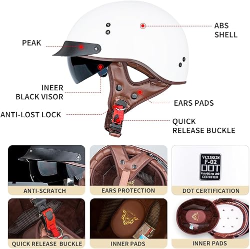 Miniatura 3 de VCOROS - Casco corto para motocicleta con visera, hebilla de liberación rápida, aprobada por la DOT, para hombres y mujeres, Blanco, XL