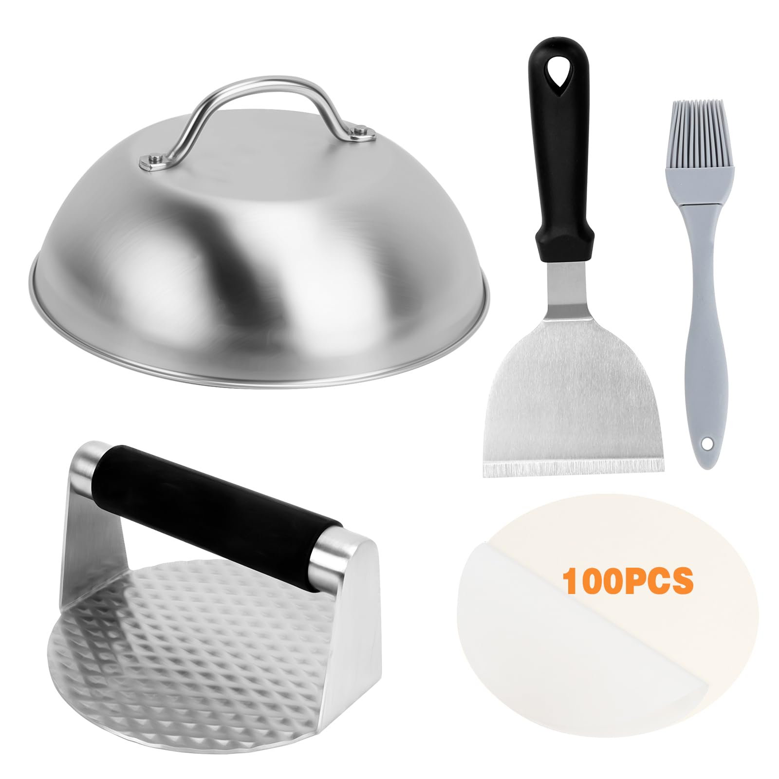 Dadabig Hamburger PRO Kit con Pressa Rotonda in Acciaio Inox, Spatola per Grill, Copertura per Hamburger, 100 Carta Antiaderente, Pennello da Forno, Adatto a Campeggio e Grigliate all'aperto