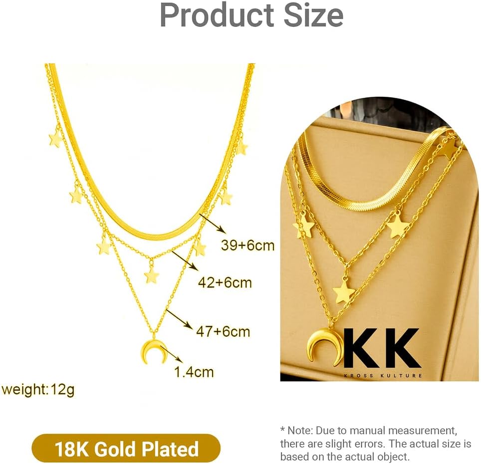 KROSS KULTURE 18K Gold Multi Layered Trendy Fashion Necklaces and Pendents Adjustable Dainty Strand Stack Hypoallergenic Waterproof Stainless Steel Nontarnish Skin Friendly Jewelry Gift for Her Girls & Women