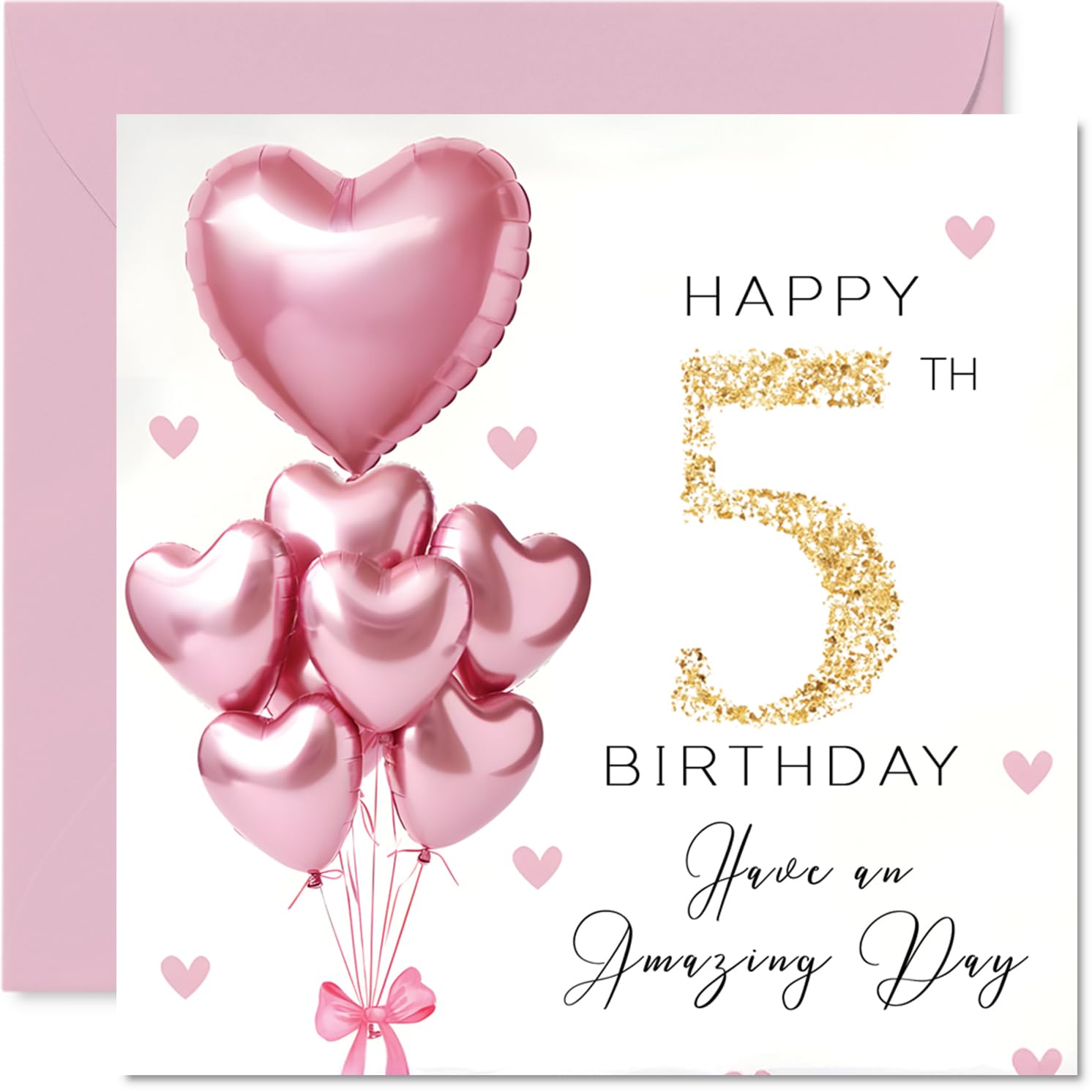 5th Birthday Cards for Girls, Pink Glitter Balloons