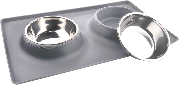Dog Bowls with Mat, Cat Food Water Bowl Set 13.5oz Each in No Spill Silicone Mat, Dual Pet Feeder Bowl for Puppy, Cats, Small Medium Dogs Square, Grey