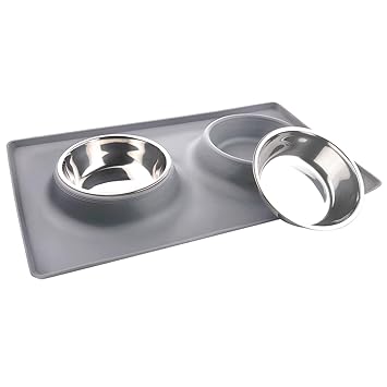 Guardians Dog Food Mat Stainless Steel Dog Bowls, No Spill Non-Skid Silicone Mat Pet Feeder Bowl Small Animals, 2 Large Bowls (2 x 27oz), Grey