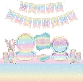 Pastel Rainbow Birthday Party Supplies, Includes Happy Birthday Banner, Rainbow Tablecloth, Paper Plates, Napkins, Cups for Unicorn Birthday Party Decorations, Baby Shower Party, Serves 20 Guests