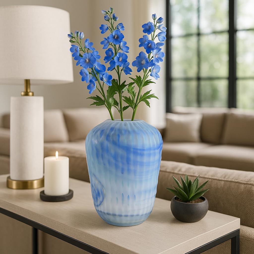Modern Decorative Carved Glass Vase - Perfect Elegant Flower and Ceramic Vase Style for Living Room, Bedroom, Office, and Table - Stylish House Decoration and Home Centerpiece - 14", Blue & White
