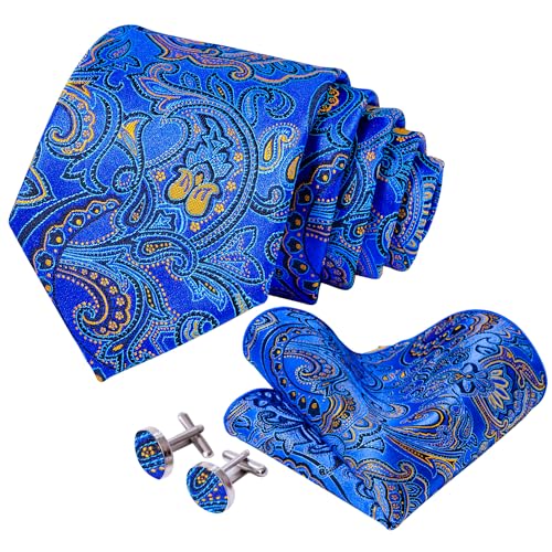 Image of 5PCS Tie and Pocket Square for Men, Silk Necktie and Handkerchief Cufflinks with Gold Ring and Lapel Pin Set