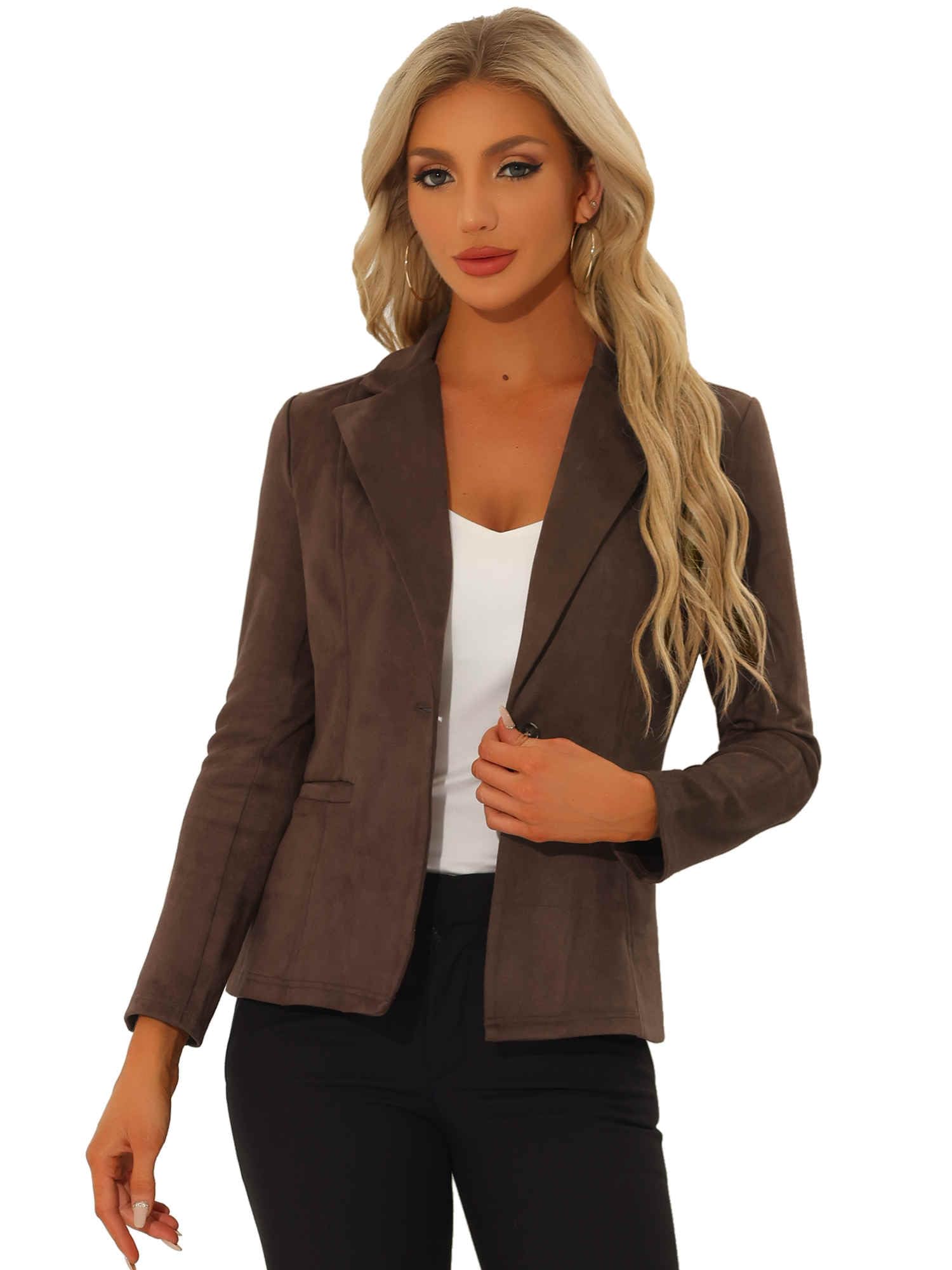 Allegra K Faux Suede Casual Blazer for Womens Lapel Collar Long Sleeve Work Office Jacket