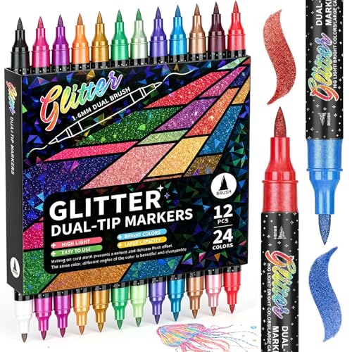 LIMSONG 24 Colours Glitter Marker Pens Set 12 Pack Dual Tip Paint Brush with Sparkle Colouring Pens for Adults and Beginners Sparkly Pens for Cards Colouring Book Scrapbook Paper Art Supplies