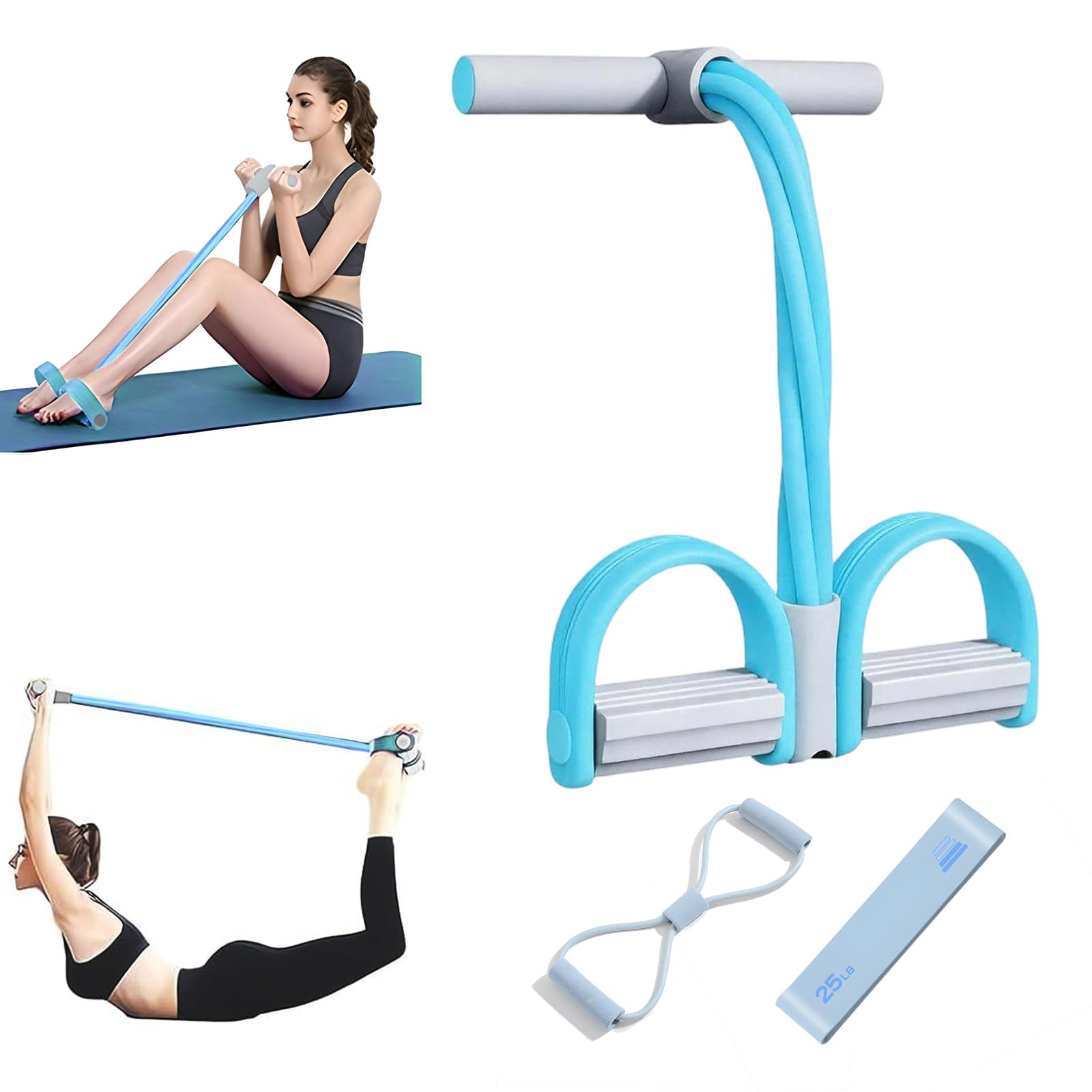 Foot Pedal Resistance Band with Handle, 6-Tube Elastic Resistance Band with Pedal Puller, Sit Up Exercise Equipment, Abdominal Trainer with Resistance Bands, for Home Body Training (Grey-Blue)