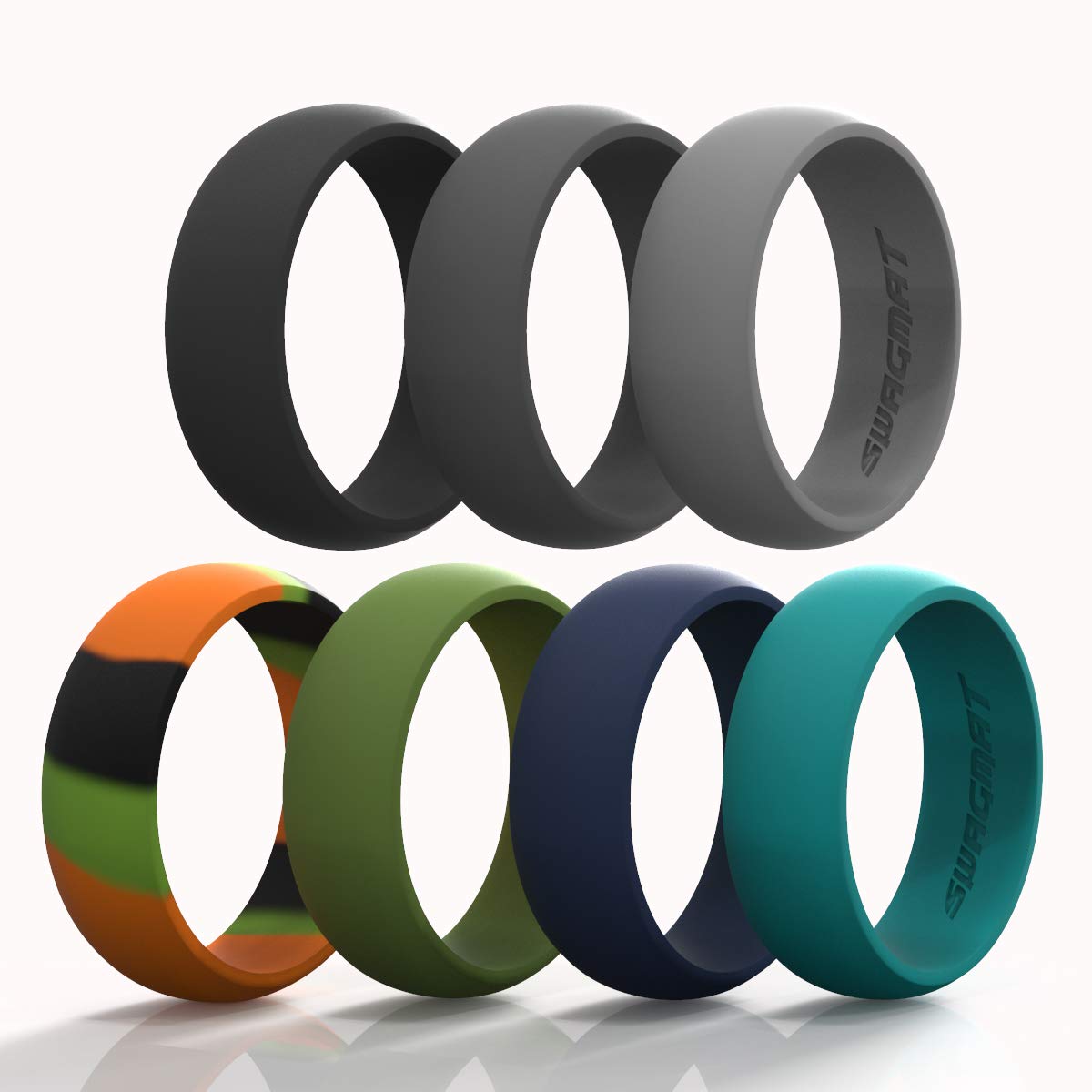 SwagmatSilicone Wedding Ring for Men and Women - 7 Packs 3 Packs and Singles - Black, Grays and Blue Rubber Wedding Bands for Men - 8.7 millimeters Wide